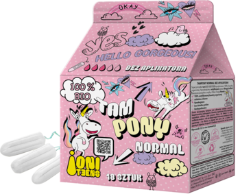 Tampony JONI TEENS Normal, różowe pudełko z jednorożcami i napisem "100% BIO", obok białe tampony bez aplikatora.