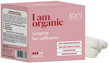 Różowe pudełko tamponów Joni Teens I am organic Normal bez aplikatora, widok z przodu i z boku, obok trzy białe tampony.