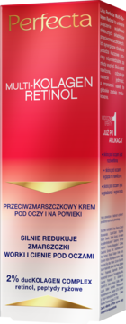 Perfecta Multi-Kolagen Retinol krem pod oczy, czerwono-białe pudełko, widok z przodu, z 2% duoKOLAGEN COMPLEX.