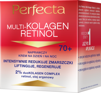 Krem Perfecta Multi-Kolagen Retinol 70+ do cery dojrzałej w czerwono-białym pudełku, widok z przodu.