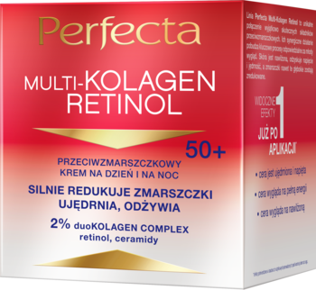 Perfecta Multi-Kolagen Retinol 50+ krem na dzień i noc redukujący zmarszczki, czerwono-złote opakowanie, widok z przodu.