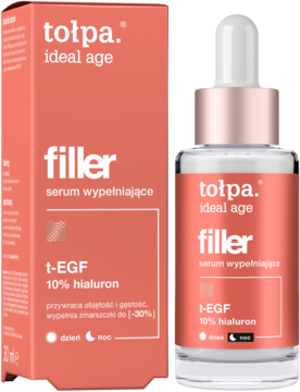 Tołpa Ideal Age Filler serum z 10% hialuronu, butelka z zakraplaczem i pudełko obok siebie, pomarańczowe tło.