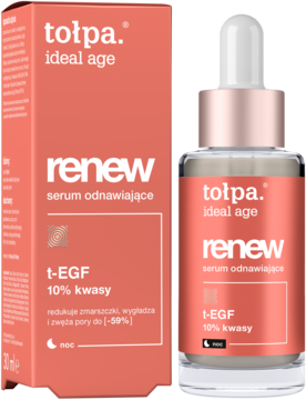 Tołpa Ideal Age Renew serum z 10% kwasami w butelce z zakraplaczem i pasującym pudełku, widok z przodu.