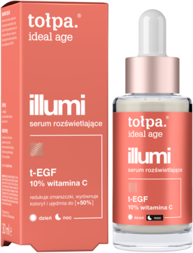 Tołpa illumi serum rozświetlające z 10% witaminą C w koralowym pudełku i szklanej butelce z zakraplaczem, widok z przodu.