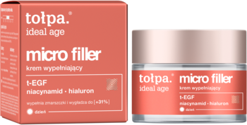 Tołpa Ideal Age Micro Filler krem wypełniający z 1-EGF, niacynamidem, hialuronem. Różowe pudełko i słoiczek.