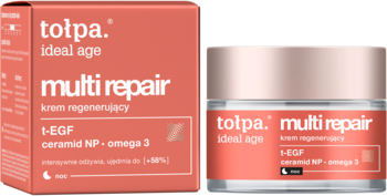 Krem regenerujący Tolpa Multi Repair Ideal Age w różowym pudełku i zamkniętym słoiku, widok z przodu.