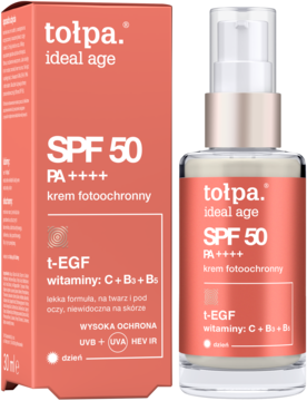 Tołpa Ideal Age krem fotoochronny SPF 50 w koralowym pudełku i beżowej butelce z pompką, widok z przodu.