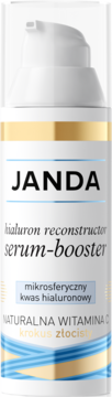 JANDA Hialuron Reconstructor Serum-Booster, biała butelka z pompką, złoty pas, widok z przodu z napisem 'NATURALNA WITAMINA C'.