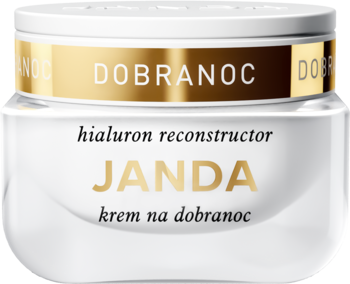 Biały krem na noc Janda Hialuron Reconstructor w słoiczku ze złotym paskiem, widok z przodu.