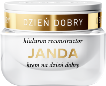 Biały słoiczek kremu Janda Dzień Dobry Hialuron Reconstructor, ze złotym paskiem i napisami, widok z przodu.