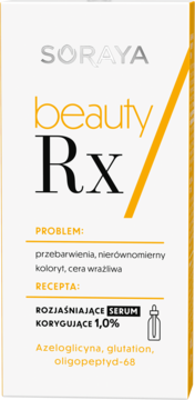 Soraya Beauty Rx serum rozjaśniające 1,0%, białe pudełko z pomarańczowymi detalami, widok z przodu.