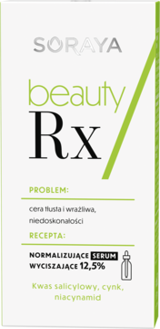 Soraya Beauty Rx serum normalizujące 12,5%, do cery tłustej, białe opakowanie z zielonymi detalami, widok z przodu.