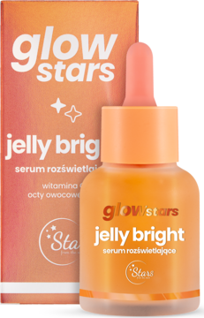 Glow Stars Jelly Bright serum rozświetlające w pomarańczowej butelce z dropperem, obok opakowania.