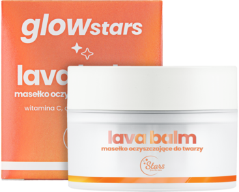 Glow Stars Lava Balm: biały słoik masełka oczyszczającego do twarzy z witaminą C, częściowo widoczna pomarańczowa tuba.