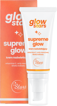 Glow Stars Supreme Glow, rozświetlający krem z witaminą C w białej tubce, na tle pomarańczowego pudełka.