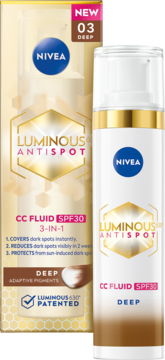 Nivea Luminous Anti-Spot CC Fluid SPF30 Deep, beżowe pudełko i biało-złota butelka z płynem. Przeciw przebarwieniom.