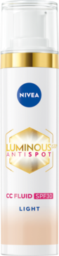 Biała butelka NIVEA LUMINOUS630 Przeciw przebarwieniom CC Fluid SPF30 Light, widok z przodu.