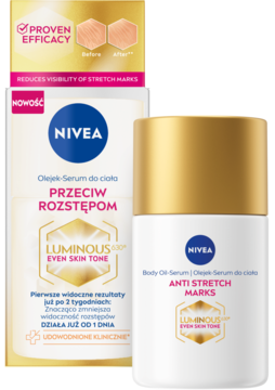 NIVEA LUMINOUS630 Olejek-serum przeciw rozstępom, butelka i pudełko. Widok z przodu, biało-złote.