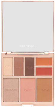 Otwarta paletka Profusion Cosmetics do makijażu twarzy i oczu nude z lusterkiem, zawiera cienie, bronzer, rozświetlacz i pomadki do ust.