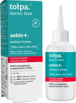tołpa. dermo face sebio+ peeling 3 kwasy AHA+LHA+PHA w białej butelce i zielonym kartonie, na trądzik.