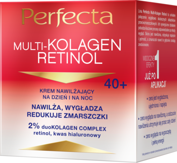 Czerwone opakowanie Perfecta Multi-Kolagen Retinol 40+, krem nawilżający na dzień i noc, redukuje zmarszczki.