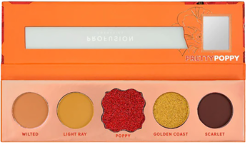 Otwarta paleta cieni Pretty Poppy, 5 ciepłych odcieni: matowe beże, brokatowe złoto/czerwień i matowy brąz.