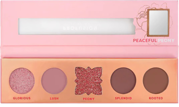 Otwarta paleta cieni Peaceful Peony: 5 brązowo-różowych cieni z lusterkiem, połyskujące i matowe wykończenia.