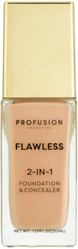Profusion Flawless 2-in-1 Foundation & Concealer w przezroczystej butelce ze złotą zakrętką, widok z przodu.