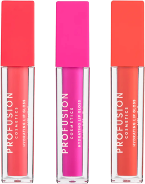 Zestaw trzech błyszczyków Profusion Hydrating Lip Gloss w odcieniach różu i koralu, widok z przodu.