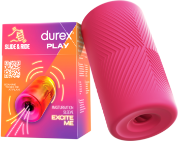 Masturbator Durex Play, jaskrawo różowy z rowkowaną teksturą, obok kolorowego pudełka. Widok pod kątem.