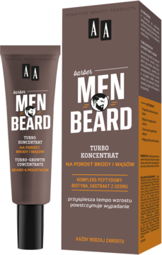 Brązowy koncentrat AA Men Beard Barber na porost brody i wąsów w tubce i pudełku, widok z przodu.