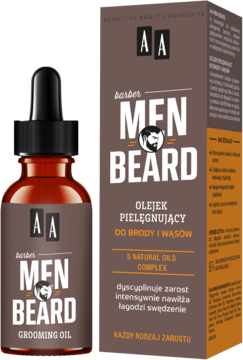 AA Men Beard Olejek Pielęgnujący do brody w brązowej butelce i obok brązowe kartonowe opakowanie.