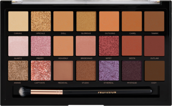 Paleta Nude Bliss z 21 cieniami: matowe i perłowe złoto, brązy, róże, z pędzlem. Widok z góry.