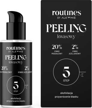 Czarny peeling kwasowy Routines by Alkmie w butelce z pompką i pudełku, z 20% kwasem migdałowym i 2% azelainowym.