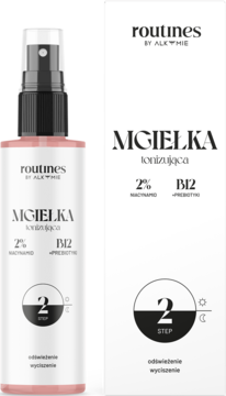 Tonizująca mgiełka do twarzy Routines by Alkmie z niacynamidem i B12 w różowej butelce spray, obok białe pudełko.