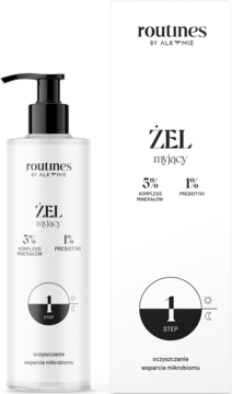 Biały żel myjący Routines by Alkmie z pompką i pudełkiem, z napisem ŹEL myjący, kompleks minerałów.