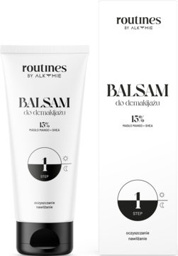 Balsam do demakijażu Routines by Alkmie z masłem mango i shea, w białej tubce i pudełku, widok z przodu.