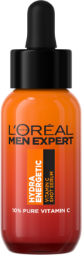 L'Oréal Men Expert Hydra Energetic Vitamin C Shot Serum, pomarańczowo-czerwona butelka z czarnym zakraplaczem, widok z przodu.