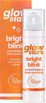Krem pod oczy Glow Stars Bright Blink w białej butelce z pompką, widok z przodu obok pomarańczowego pudełka.