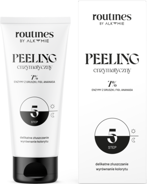 Routines by Alkmie Peeling enzymatyczny w białej tubce i pudełku, widoczne z przodu, czarne napisy.