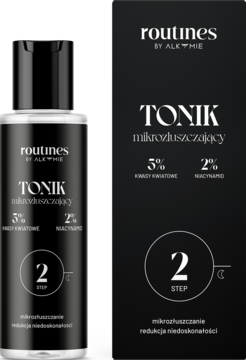 Czarny tonik mikrozłuszczający Routines by Alkmie, butelka i pudełko, 5% kwasów, 2% niacynamidu.