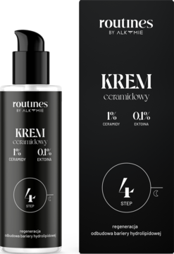 Czarny krem ceramidowy Routines Alkmie w butelce z pompką i pudełku, widok z przodu na białe etykiety.