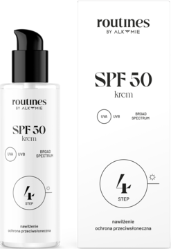 Biały krem Routines by Alkmie SPF 50 w butelce z pompką i pudełku, nawilżający, ochrona przeciwsłoneczna.