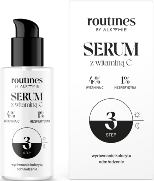 Serum Alkmie Routines z witaminą C i hesperydyną w białej butelce z pompką i pudełku, widok z przodu.