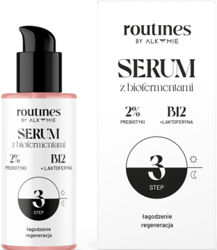 Serum Routines Alkmie z biofermentami, regenerujące, w różowej butelce i białym pudełku, widok z przodu.