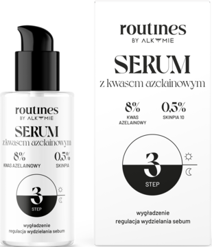 Białe serum Routines by Alkmie z kwasem azelainowym w butelce i kartoniku, widoczne 8% i 0,5%.