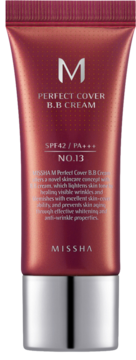 Missha Perfect Cover BB Cream SPF42/PA+++ nr 13 w stojącej, czerwono-brązowej tubce ze srebrną nakrętką.