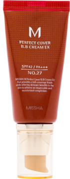 Missha Perfect Cover BB Cream EX SPF 42 PA+++ w brązowej tubce z pompką, widok z przodu, odcień 27.