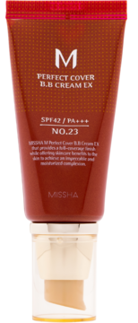 Missha Perfect Cover B.B Cream EX w czerwono-brązowej tubce z pompką, SPF42 / PA+++, odcień 23.