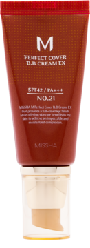 Missha M Perfect Cover BB Cream EX, SPF42, nr 21, czerwono-brązowa tubka z pompką, widok z przodu.